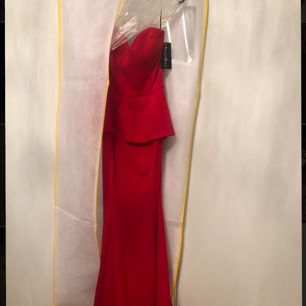 Nicole Bakti Red Strapless Peplum Evening Gown - Picture 2 of 4